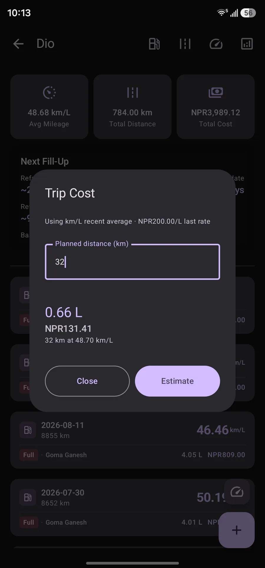 Trip cost dialog estimating fuel and cost for planned distance