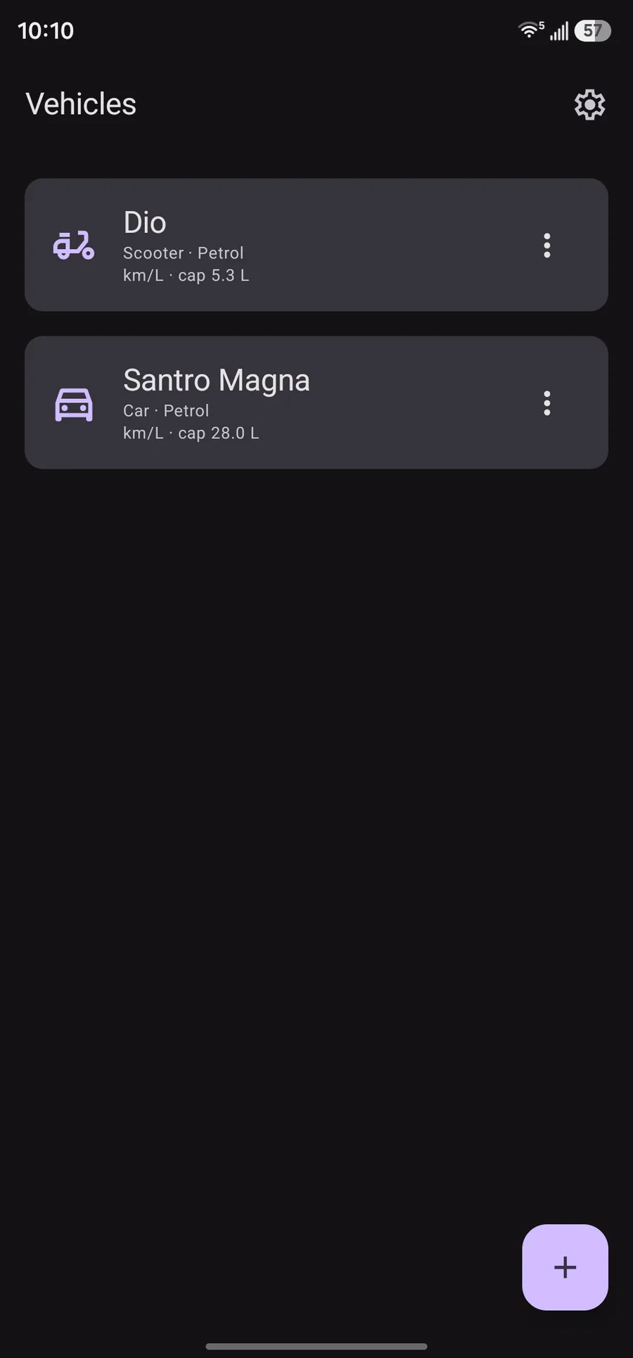 FuelLog vehicles list with Dio scooter and Santro Magna car